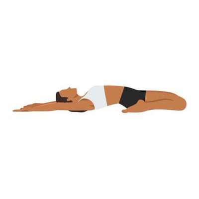 Woman doing Reclining Hero Pose Variation Hands On Thights. Beautiful girl practice Supta Virasana Variation Hands On Thights. Flat vector illustration isolated on white background