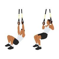 Man doing TRX Suspension strap rows or suspension trainer lat pull up exercise. Flat vector illustration isolated on white background