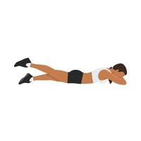 Woman doing Prone or lying leg lifts exercise. Flat vector illustration isolated on white background