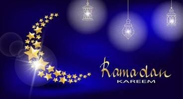 Elegant ramadan kareem with golden moon and luminous lantern on blue background vector