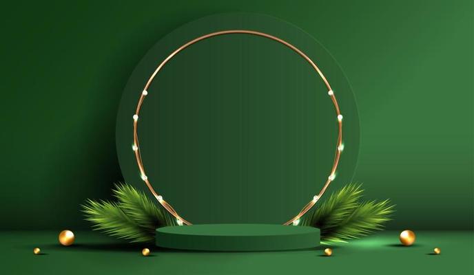Podium shape for show cosmetic product display for Christmas day or New Years. Stand product showcase on green background with tree christmas. vector design.