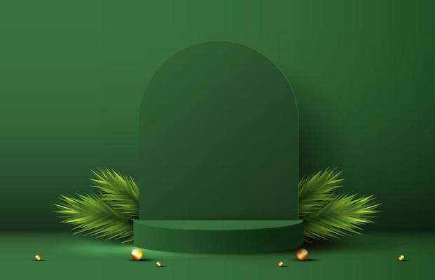 Podium shape for show cosmetic product display for Christmas day or New Years. Stand product showcase on green background with tree christmas. vector design.
