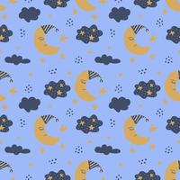 Dreaming yellow moon, cloud and stars seamless pattern. Funny nursery decor vector