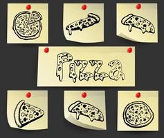 A set of paper stickers with drawings of whole pizza and slices. vector