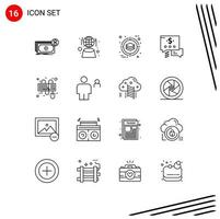 Editable Vector Line Pack of 16 Simple Outlines of interface dollar network mail product Editable Vector Design Elements