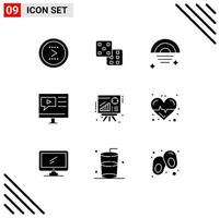 Modern Set of 9 Solid Glyphs Pictograph of graph tutorial rainbow multimedia education Editable Vector Design Elements