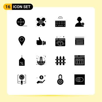 16 Thematic Vector Solid Glyphs and Editable Symbols of like marker keyboard location interface Editable Vector Design Elements