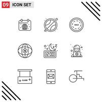 Set of 9 Modern UI Icons Symbols Signs for moon dollar commerce internet world Editable Vector Design Elements