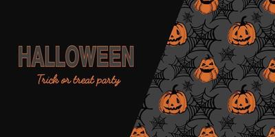 banner de fiesta de halloween, invitación o tarjeta de felicitación con calabazas y telarañas vector