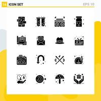 16 Thematic Vector Solid Glyphs and Editable Symbols of blueprint building music medical health Editable Vector Design Elements