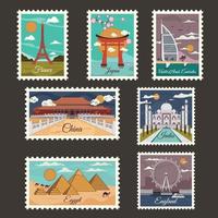 Travel Stamp Sticker with Cartoon Landmark in Seven Different Country vector