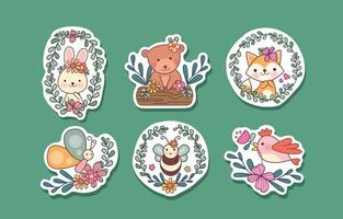 Cute Animal with Floral in Spring Season Sticker Collection vector