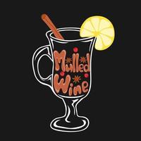 Hot drink for winter or autumn. Hand drawn glass of mulled wine with piece of lemon, anise and cinnamon stick vector