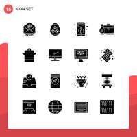 Mobile Interface Solid Glyph Set of 16 Pictograms of cooking portfolio detail open business Editable Vector Design Elements