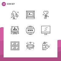 Pictogram Set of 9 Simple Outlines of website business heart science chemistry Editable Vector Design Elements