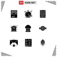 Group of 9 Solid Glyphs Signs and Symbols for cake security connection protection social media Editable Vector Design Elements