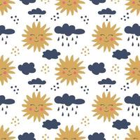 Smiling yellow sun and cloud with raindrops seamless pattern. Funny nursery decor vector