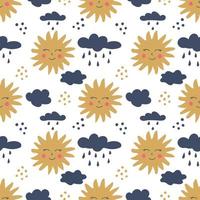 Sol amarillo sonriente y nubes con patrones sin fisuras de gotas de lluvia. divertida decoración de guardería vector