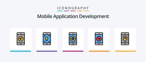 Mobile Application Development Line Filled 5 Icon Pack Including video. mobile. upload. application. like. Creative Icons Design vector