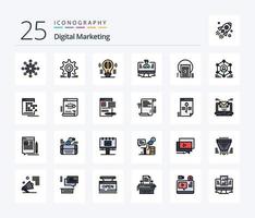 paquete de iconos rellenos de 25 líneas de marketing digital que incluye datos. usuario. investigar. pensando. pensamiento creativo vector