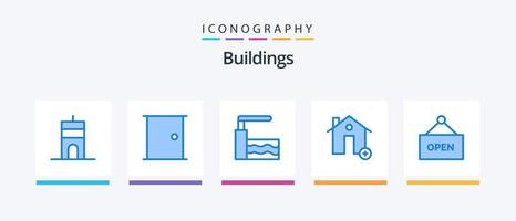 Buildings Blue 5 Icon Pack Including open. house. home door. estate. add. Creative Icons Design vector