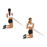 mujer haciendo giro de abdominales sentado central con ejercicio de banda de resistencia. ilustración vectorial plana aislada sobre fondo blanco vector