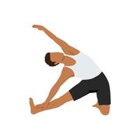 hombre haciendo parivrtta parighasana o pose de yoga de haz giratorio. ilustración vectorial plana aislada sobre fondo blanco vector