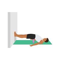 Man doing bridge pose setu bandha sarvangasana to the wall exercise. Flat vector illustration isolated on white background