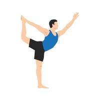 hombre haciendo pose de bailarina, pose de bailarina rey, pose de señor de la danza, pose de bailarina. practicar utthita ardha dhanurasana. ilustración vectorial plana aislada sobre fondo blanco vector