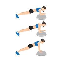 Woman doing bosu ball plank to push up or walking plank up downs exercise. Flat vector illustration isolated on white background