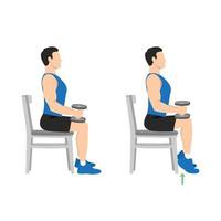 Man doing seated dumbbell or chair calf raises. Keep both legs at a 90-degree angle. Extend the heels of pushing the toes on the ground and lifting the heels of pushing. Flat vector illustration