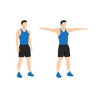 Man doing Double arm side or lateral raises exercise. Raise both arms laterally until horizontal. Flat vector illustration isolated on white background