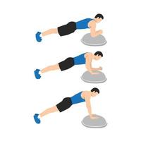 Man doing bosu ball plank to push up or walking plank up downs exercise. Flat vector illustration isolated on white background