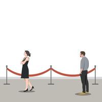 Man looking at a woman of his life from far and fall in love from the first sight. Woman walking from side view. Man hands in pocket. Flat vector illustration isolated on white background