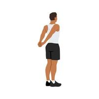 Man doing reverse shoulder stretch exercise. Flat vector illustration isolated on white background