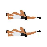 Man doing Lying Crossover Leg Lift Exercise in 2 steps. Illustration about workout diagram for muscles stretch, leg, thing, hip. Flat vector illustration isolated on white background