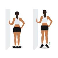 Woman doing external rotation or bodyweight calf raises exercise. Flat vector illustration isolated on white background