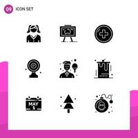 Set of 9 Vector Solid Glyphs on Grid for target board media target health focus board treatment Editable Vector Design Elements