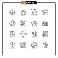 Universal Icon Symbols Group of 16 Modern Outlines of cog cup basket cake gift Editable Vector Design Elements