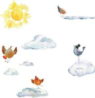 sol, nubes y pájaros dibujados a mano con acuarela, aislados en fondo blanco. plantilla de diseño para tarjetas, bolsas de regalo, invitaciones, textiles, papel tapiz, para niños vector