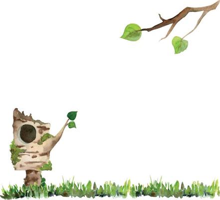 Watercolor hand drawn countryside birch stump birdhouse, grass, tree branch, isolated on white background. Design template for cards, gift bags, invitations, textile, print, wallpaper, for children