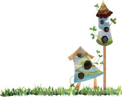 Watercolor hand drawn fantasy birdhouses with clouds and plants on grass, isolated on white background. Design template for cards, gift bags, invitations, textile, print, wallpaper, for children vector