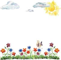 Watercolor hand drawn countryside with sun, flowers, clouds and a bird, isolated on white background. Design for cards, gift bags, invitations, textile, print, wallpaper, for children vector