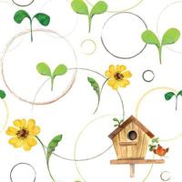 Watercolor hand drawn seamless pattern with birdhouses, birds, flowers, circles, plants, isolated on white background. Design for cards, gift bags, invitations, textile, print, wallpaper, for children vector