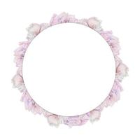 Watercolor circle frame arrangement with hand drawn delicate pink peony flowers, buds and leaves. Isolated on white background. For invitations, wedding, love or greeting cards, paper, print, textile vector