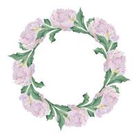 Watercolor circle frame arrangement with hand drawn delicate pink peony flowers, buds and leaves. Isolated on white background. For invitations, wedding, love or greeting cards, paper, print, textile vector