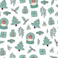 Christmas seamless pattern with doodles, hand drawn elements on white background. Good for wrapping paper, scrapbooking, stationary, gift wrap, wallpaper, packaging, textile prints, etc. EPS 10 vector