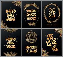 conjunto de 6 tarjetas de felicitación de navidad y año nuevo, carteles, impresiones, invitaciones, plantillas, pancartas, etc. citas con letras doradas decoradas con ramas de abeto sobre fondos negros. eps 10 vector