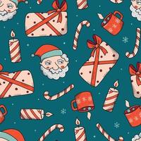 Christmas seamless pattern with hand drawn doodles on blue background. Good for wrapping paper, surface and textile prints, digital paper, scrapbooking, wallpaper, etc. EPS 10 vector