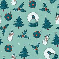 Christmas seamless pattern with hand drawn doodles on blue background. Good for wrapping paper, surface and textile prints, digital paper, scrapbooking, wallpaper, etc. EPS 10 vector